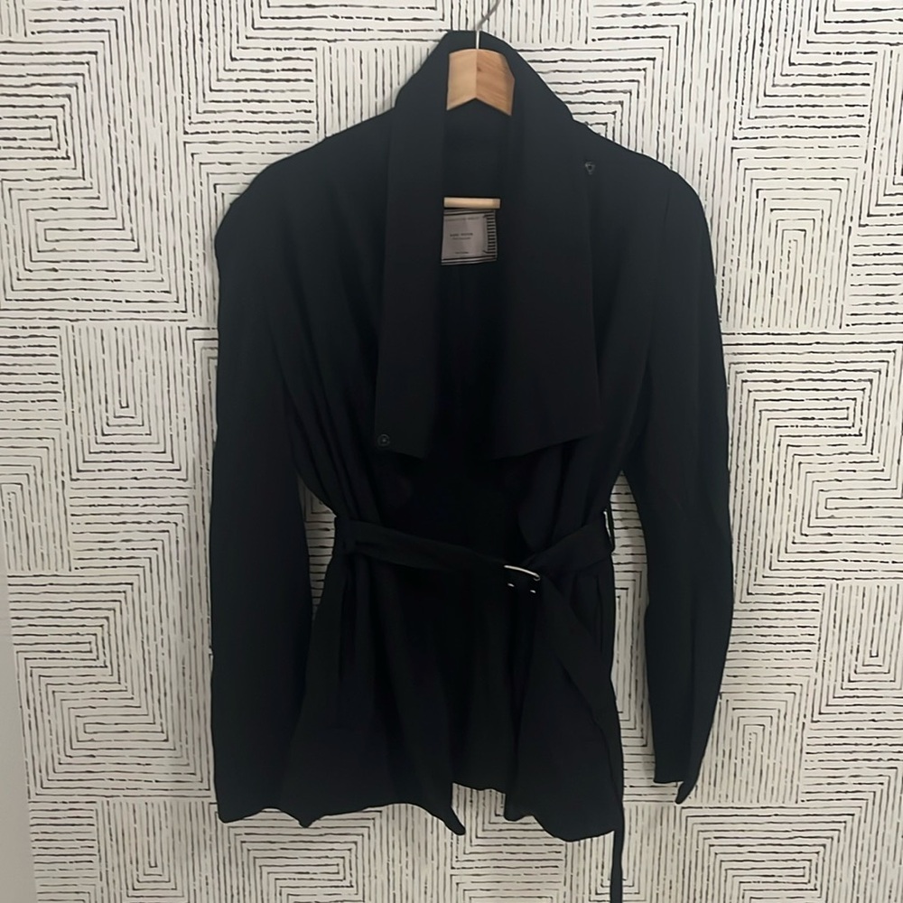 Draped collar, belted jacket